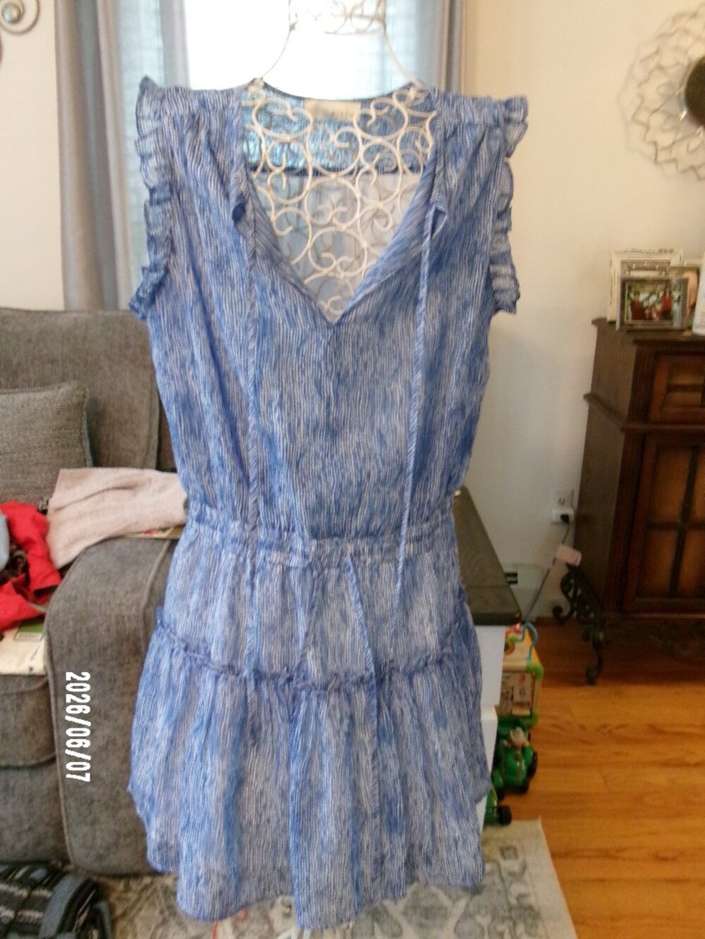 PINCH Sleeveless Drop Waist Blue & White Ruffle Dress Sz Large Coquette Flirty